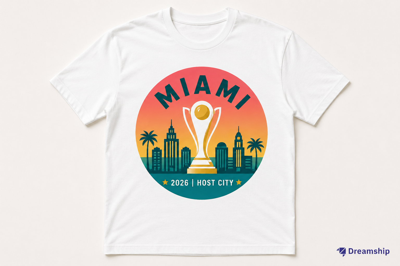Miami 2026 host city soccer shirt circular badge skyline design