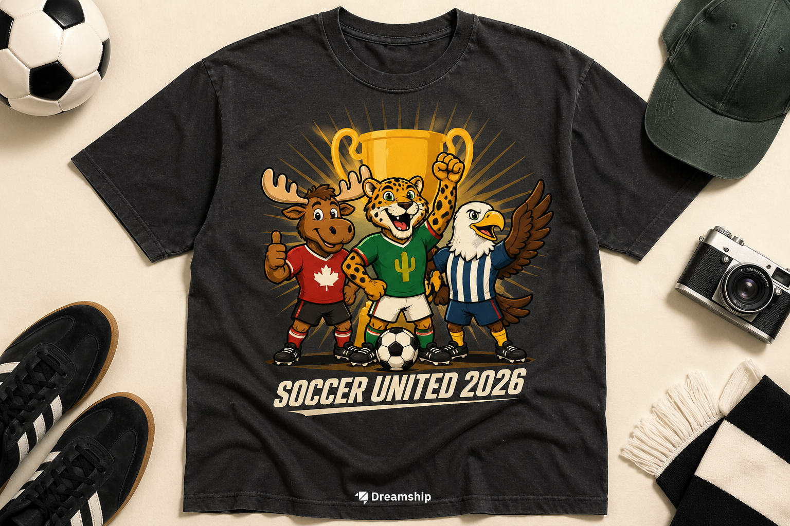World Cup 2026 original mascot trio Moose Jaguar Eagle charcoal tee