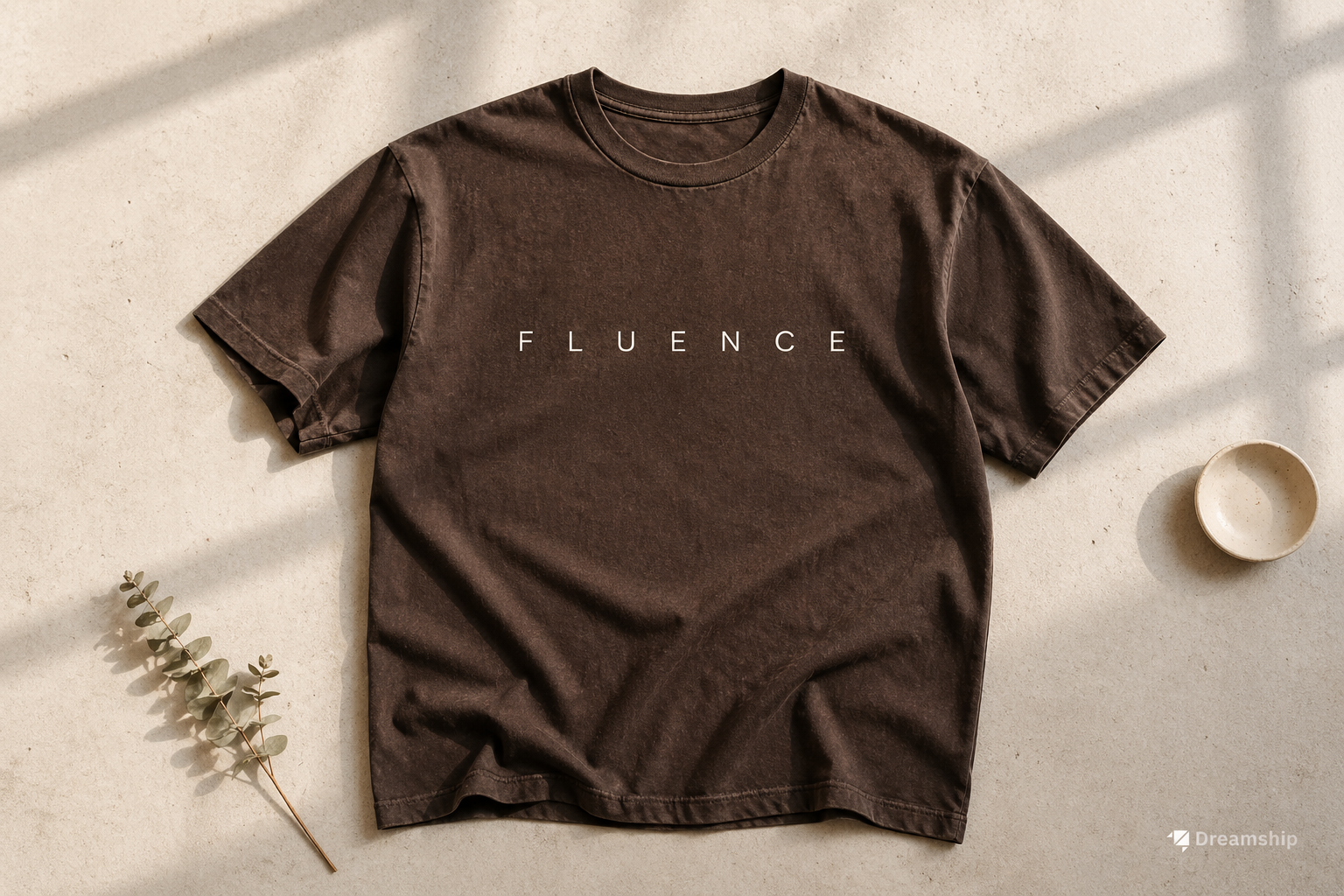 Softstyle t-shirt in dark chocolate with minimal single-word typography - POD blank for aesthetic niche