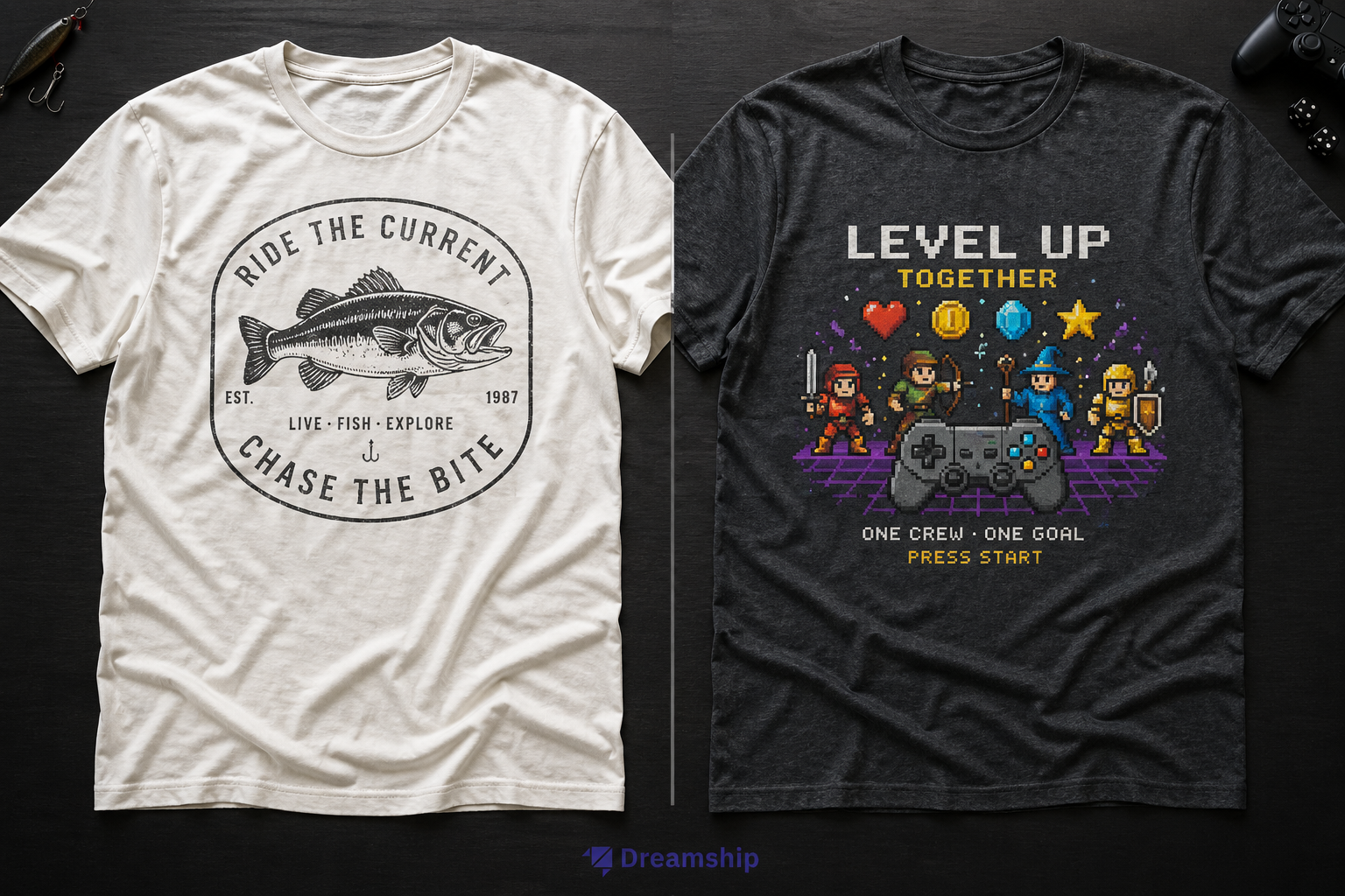 Two Softstyle blanks for hobby niches: white vintage fishing badge tee and charcoal gaming community t-shirt