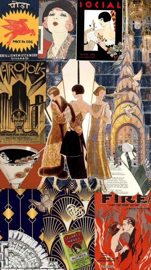 1920s Art Deco posters with fashion, architecture, and glamorous lighting.