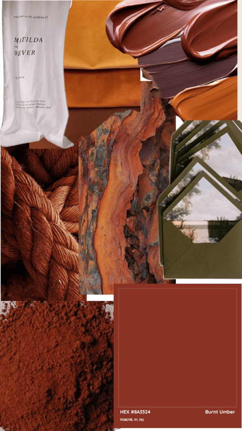 Terracotta and burnt umber color palette with fabric, paint, and natural wood textures.