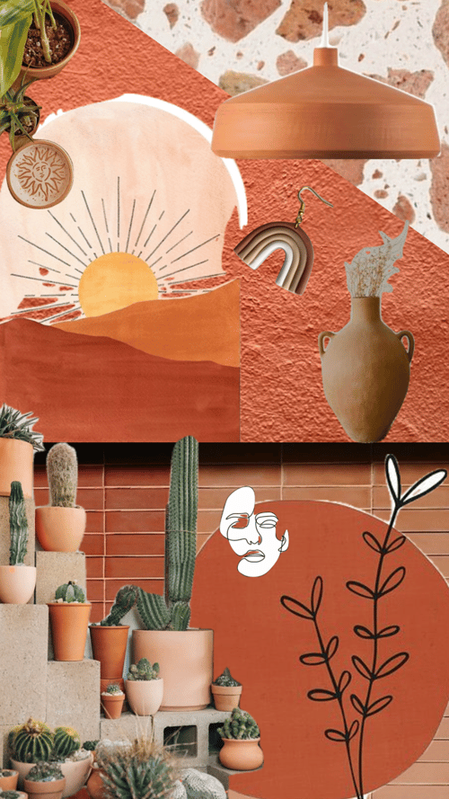 Terracotta home décor with ceramics, wall art, and cactus plants.