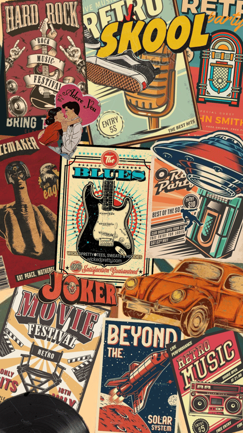 Retro school and vintage prep posters featuring rock, blues, and classic style.